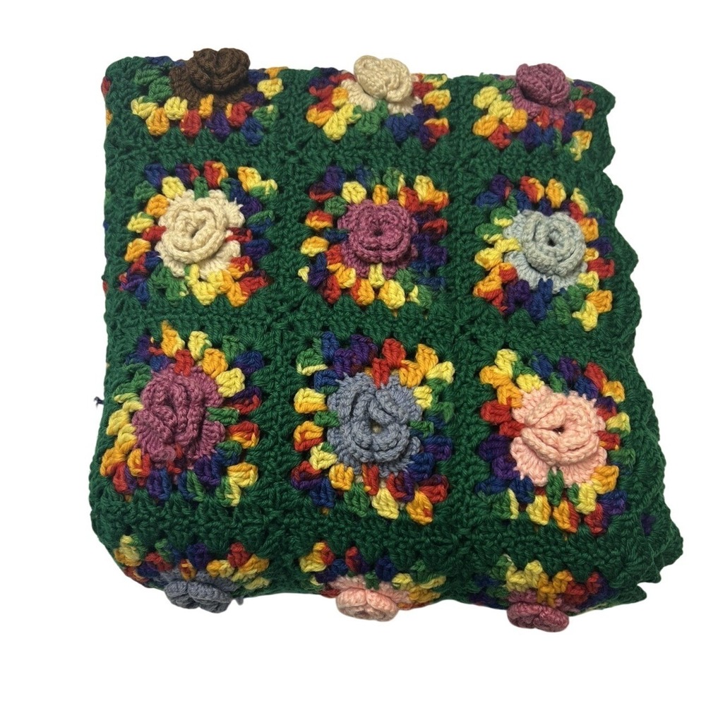 Handmade Granny Square Throw Floral 3D Knit Green Colorful Sofa Blanket Afgan